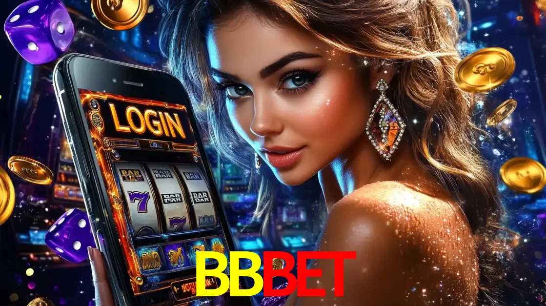 Mulher glamorosa segurando um smartphone com a tela de login para os jogos de caça-níqueis do cassino online BBBET, com moedas de ouro e dados ao redor.