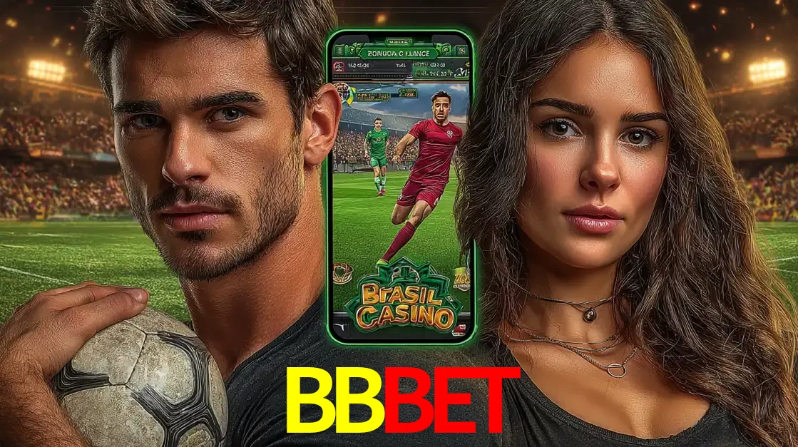 Homem segurando uma bola de futebol e uma mulher ao lado de um smartphone exibindo o jogo de apostas esportivas da BBBET. Faça seu palpite no cassino online.